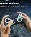 Hands holding RGB Wireless Gamepad For PS5 PC And Mobile With Turbo Macro Dual Vibration showing wired connection