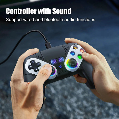 Hands holding RGB Wireless Gamepad For PS5 PC And Mobile With Turbo Macro Dual Vibration showing wired connection