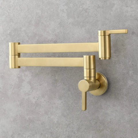 Brushed Gold Wall Mount Pot Filler Faucet With Folding Reach And Brass Construction Sixteen Point Seven Inch Extension Single Hole Install For Hot Or Cold Water Fast Fill Near Stove Easy Reach Kitchen Upgrade, mounted on wall