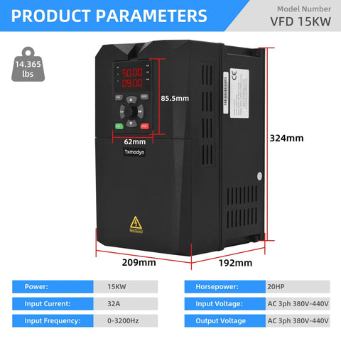 Front view of Beefy 15KW 20HP VFD Variable Frequency Drive 380V 440V 3 Phase Input Output 32A Inverter, dimensions shown