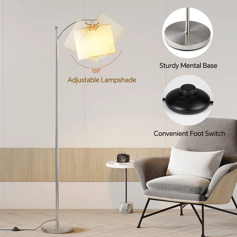 Arc Floor Lamp With Remote Control And Stepless Dimming, 9W Bulb in living room, adjustable lampshade and metal standing light