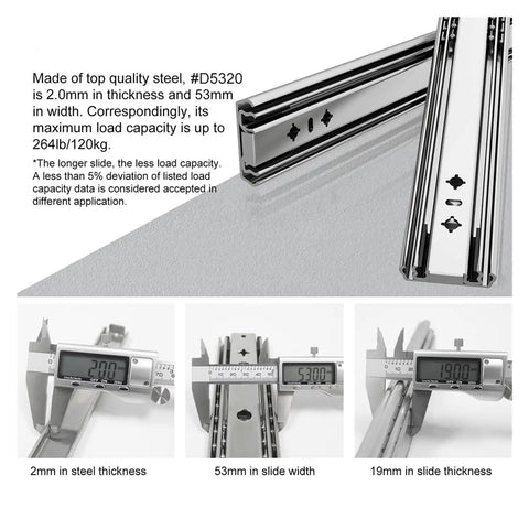 Close-up of Side Mount Ball Bearing Drawer Rails Pair, 53mm wide, 32 inch full extension, 800mm length, measuring tools shown