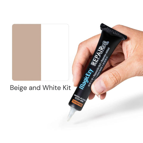 Hand holding tube of Porcelain Tile Repair Kit for Ceramic Floors with Color Match Beige and White Mixable Filler Durable Nanotech Fill