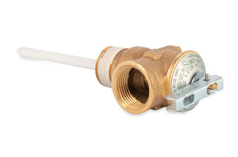 Brass 3/4 inch T&P valve for water heaters with extension probe and lever, ASME Section IV rated, stainless steel spring.
