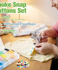 Person using tool to apply Best Value 408 Piece Plastic Snap Button Kit With Rainbow Color Organizer Case No Sew T5 Snaps 12mm