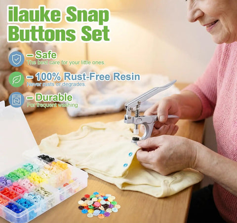 Person using tool to apply Best Value 408 Piece Plastic Snap Button Kit With Rainbow Color Organizer Case No Sew T5 Snaps 12mm
