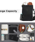 Drawstring Gym Backpack With Separate Sneaker Compartment, featuring large capacity and displayed with sports items and accessories.