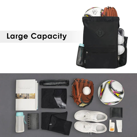 Drawstring Gym Backpack With Separate Sneaker Compartment, featuring large capacity and displayed with sports items and accessories.