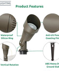 Close-up of 4W 12V Low Voltage Landscape Lights Kit with waterproof ring, anti-UV finish and 120° rotation over a ground stake.