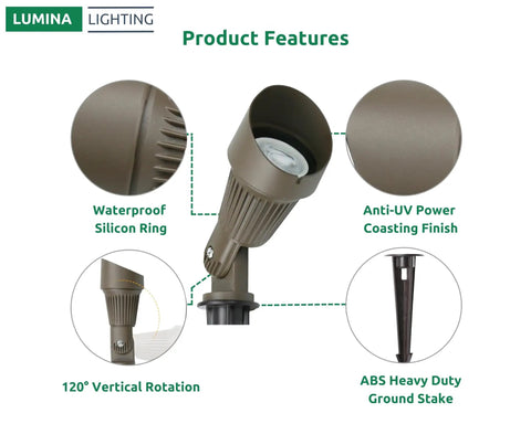 Close-up of 4W 12V Low Voltage Landscape Lights Kit with waterproof ring, anti-UV finish and 120° rotation over a ground stake.