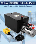 Lfgud 20 Quart Hydraulic Power Unit With Metal Tank 3200PSI Single Acting Pump And Control Remote 12V DC Motor close-up view