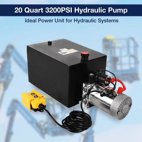 Lfgud 20 Quart Hydraulic Power Unit With Metal Tank 3200PSI Single Acting Pump And Control Remote 12V DC Motor close-up view