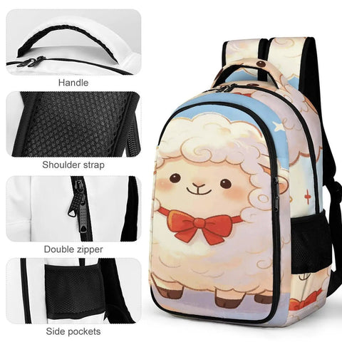 Star Spangled Lamb Print Unisex Backpack with large capacity, breathable comfort, sturdy zipper, side pockets, and handle.