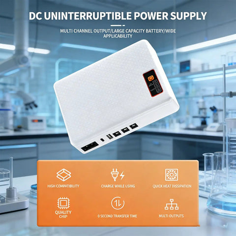 Heavy Duty 20800mAh Mini UPS Battery Backup For Network Routers And Cable Modems Keeps Your WiFi Running Solid Through Grid Snags With Rapid Recharge And Straight Plug Setup For Zero Drama Work From Home shown in laboratory setting.