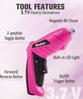 Cordless Electric Screwdriver Set With LED Light And Flexible Shaft, featuring 2-position handle and 3.7V power, pink design