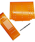 Transparent Orange Drill Mounting Template Pack of 3 for Cabinet Doors and Drawers With Accurate Scale Ideal for Three Inch, Three and Three Quarters Inch, and Five and One Thirty Second Inch Knob Handles Clear Visibility for Quick Alignment and. Triple Pack Cabinet Knob and Pull Drilling Templates three templates with 5mm bit on white background