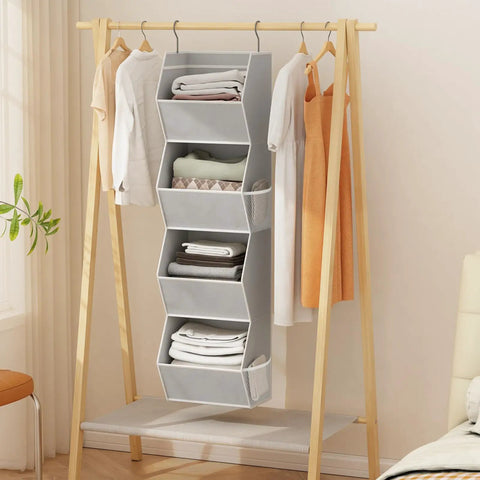 No Stress Hanging Closet Organizer With Four Collapsible Shelves And Hella Roomy Mesh Storage Pockets For Sorting Bedroom Threads And Shoes Neatly In Sleek Grey Finish