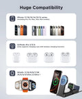3 In 1 Magnetic Wireless Charger For IPhone MagSafe Apple Watch And AirPods Foldable Portable showing compatibility with devices.