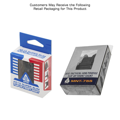 Retail packaging for Super Slim Flip Up Front Sight Black For AR Style Rifles, showing two different box designs.