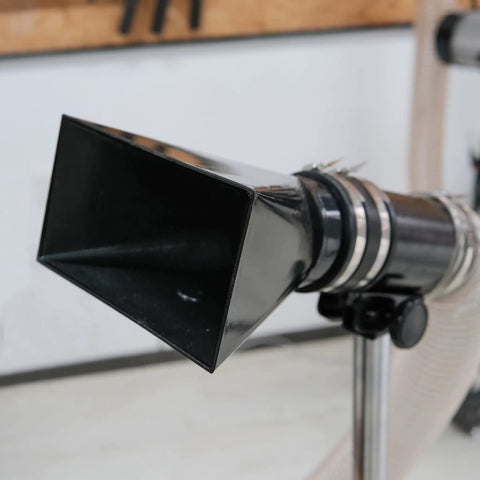 Front view of Deluxe Pro Grade Variable Height Dust Extraction Hood With Flexible Rubber Cuff For Interchangeable Dust Hood And 102mm Hose Connection Compatible With 100mm Hoods Adjustable Stand Capturing Waste From Power Tools And Machinery