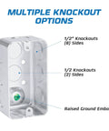 Heavy Duty Steel 4x2 Electrical Junction Boxes With Duplex Receptacle Covers Bulk Pack 10 Deep One And Seven Eighths Inches 13 Cu In Capacity Ten Knockouts Half Inch Tough And Reliable Wiring Boxes For Residential Commercial And Industrial Use shown with multiple knockout options