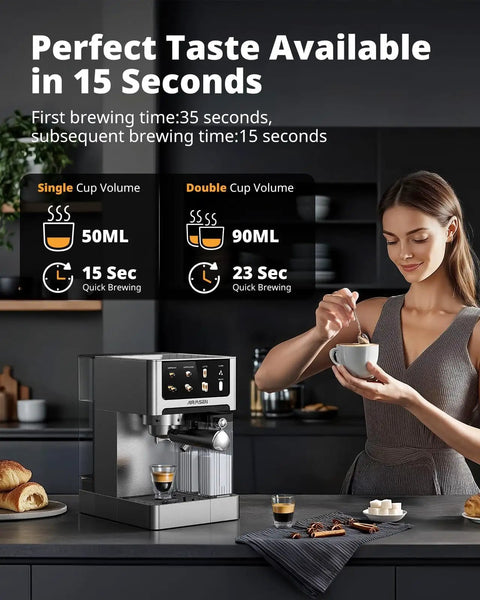 Woman using 20 Bar Espresso Machine With Automatic Milk Frother For Cappuccino And Latte, Dual Boiler Coffee Maker, Stainless Steel, Touchscreen, 60 Oz Water Tank, Quick Brew For Home Barista Vibes And One Click Espresso on kitchen counter.