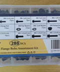Industrial Strength M6 M8 M10 Flange Bolt And Serrated Nut Assortment Kit 288 Piece Hardware Set displayed in a transparent organizer.