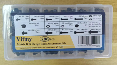 Industrial Strength M6 M8 M10 Flange Bolt And Serrated Nut Assortment Kit 288 Piece Hardware Set displayed in a transparent organizer.
