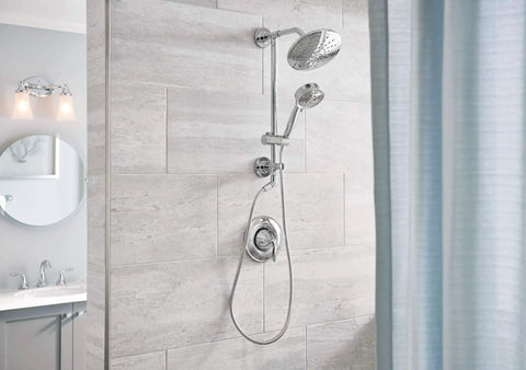 Brushed Nickel Handheld Showerhead With Four Functions Full Spray Invigorating Spray Targeted Massage And Combo WaterSense Certified Eco Performance 164927BN installed in modern bathroom