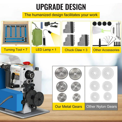 Upgrade design of Heavy Duty 7X14 Mini Benchtop Metal Lathe Machine 550W Variable Speed Motor with accessories and gears.