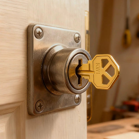Premium Brass Key Blanks Kit Uncut KW1 SC1 M1 Pack Of 50 For Home And Pro Use in lock on wooden door