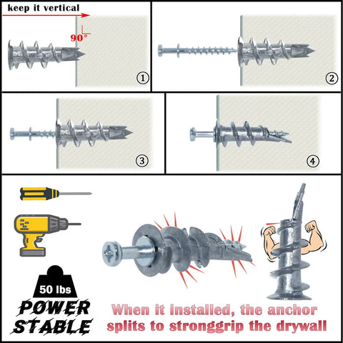 Bear Claw Double Headed Screws and Self Drilling Drywall Anchors Picture Hangers Kit showing installation sequence