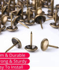 Killer Style Antique Brass Upholstery Tack Nails Slick One Inch Round Heads For Furniture Reno Cork Boards And Custom Woodwork Pack Of Thirty Solid Craft Accents, shown in a close-up view with round heads and pointed shanks.