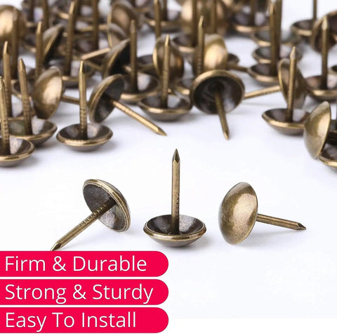 Killer Style Antique Brass Upholstery Tack Nails Slick One Inch Round Heads For Furniture Reno Cork Boards And Custom Woodwork Pack Of Thirty Solid Craft Accents, shown in a close-up view with round heads and pointed shanks.