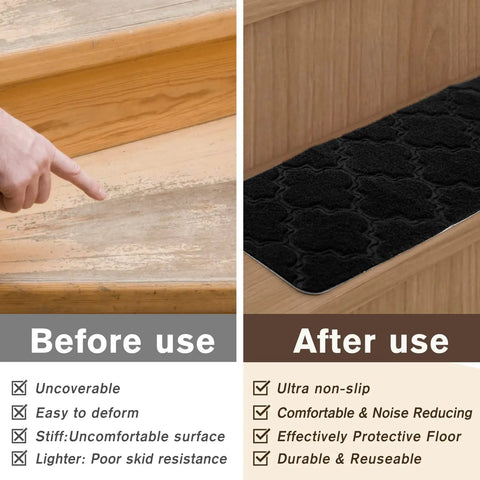 Before and after use of Non Slip Stair Tread Carpet Set Of 15 For Wooden Steps Indoor Outdoor Mats 8x30 Black Easy Install With Pre Applied Adhesive No Glue Or Nails Needed Durable Anti Slip Treads For Safety And Style