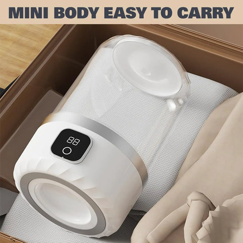 Hella Portable Compact Mini Washer For Underwear Gym Gear And Delicate Threads On The Road Or In Small Spaces Featuring Rechargeable Battery and Easy Carry Design.