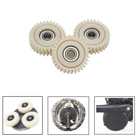 Three Pack 31T Spiral Bevel Gear Set for Bafang Hub Motors shown in white with inner bearings