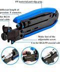 Coax Cable Crimp Kit For RG6 RG59 RG11 With Adjustable Crimp Tool and Stripper, featuring blue anti-slip grip.