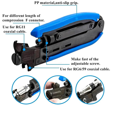 Coax Cable Crimp Kit For RG6 RG59 RG11 With Adjustable Crimp Tool and Stripper, featuring blue anti-slip grip.