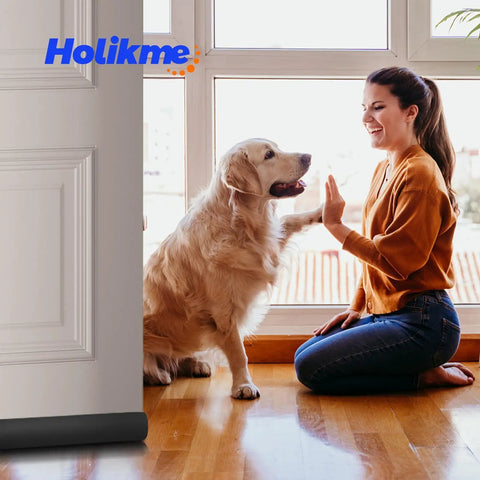 Heavy Duty Adjustable Door Draft Stopper And Weather Stripping Seal Blocks Those Stubborn Drafts Dust And Pesky Bugs While Keeping Your Place Snug All Year Round Black, shown with a dog and a woman.
