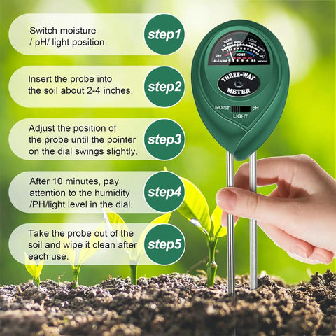 All-In-One Soil Tester 2-Pack, 3-In-1 Moisture Meter, Light Meter And pH Tester for soil demonstrating usage steps