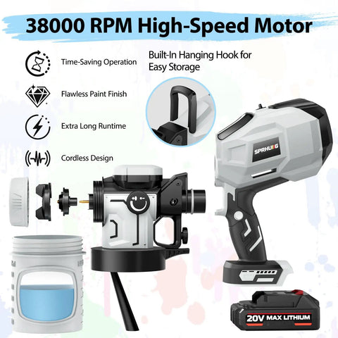 Cordless Paint Sprayer With Dual 2000 Mah Batteries And 1200W HVLP Gun Featuring Brass Tips Reusable Cups for easy storage and smooth paint finish.