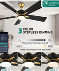 52 Inch Modern Black Gold Ceiling Fan With Led Light Remote And Smart App Control, showing color dimming options and mobile app use.
