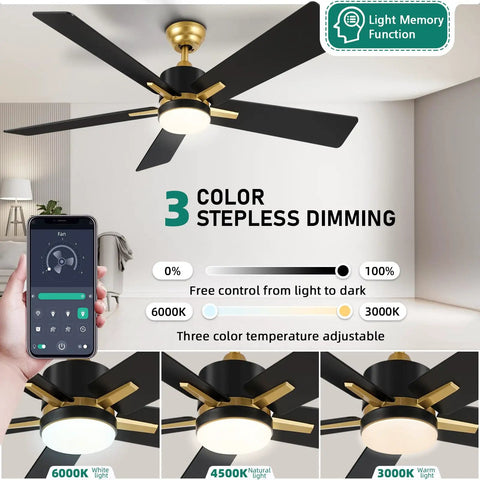 52 Inch Modern Black Gold Ceiling Fan With Led Light Remote And Smart App Control, showing color dimming options and mobile app use.