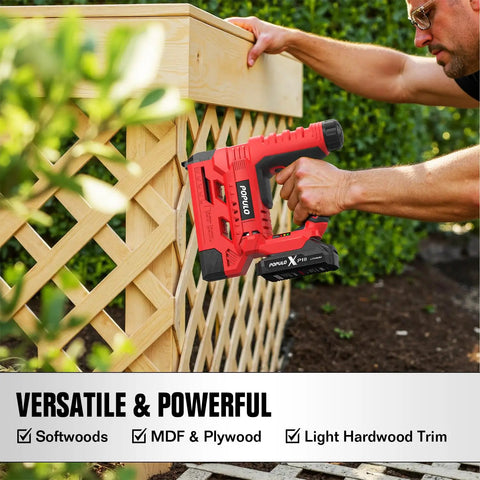 Cordless 18 Gauge Brad Nailer And Electric Stapler Kit With 20V Battery Charger shown in use on lattice wood for DIY projects.