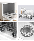 Super Compact Countertop Dishwasher No Stress Setup Smart Controls Triple Layer Filter Pull Out Basket with clean dishes inside.