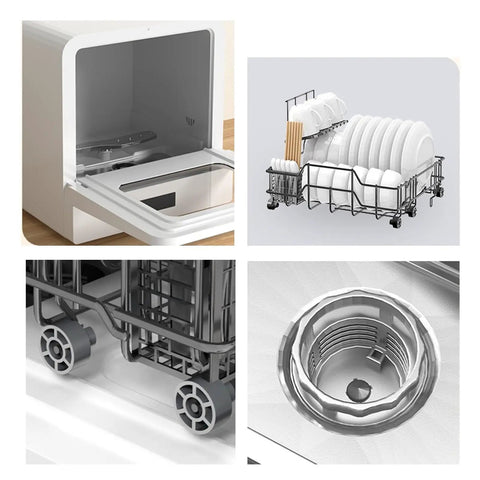 Super Compact Countertop Dishwasher No Stress Setup Smart Controls Triple Layer Filter Pull Out Basket with clean dishes inside.