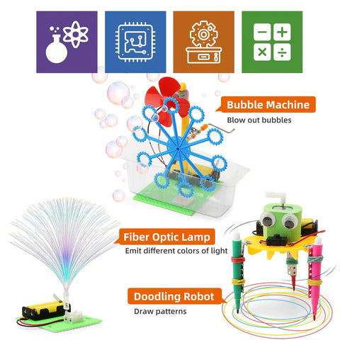 Interactive Robot Building Kit for Kids Ages 8-12 with bubble machine, fiber optic lamp, and doodling robot