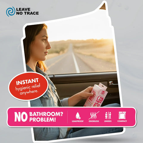 Woman holding disposable urinal bags 28oz six pack in car for travel, showing instant use for emergencies and road trips.