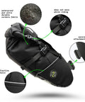 Inova Light Bike Saddle Bag Water Resistant Cordura 1000D Under Seat Storage For Bikepacking Large Underseat Bag For Road Gravel Cycling Multicam Camo All Weather Ready, showing rugged Cordura material and secure attachment.